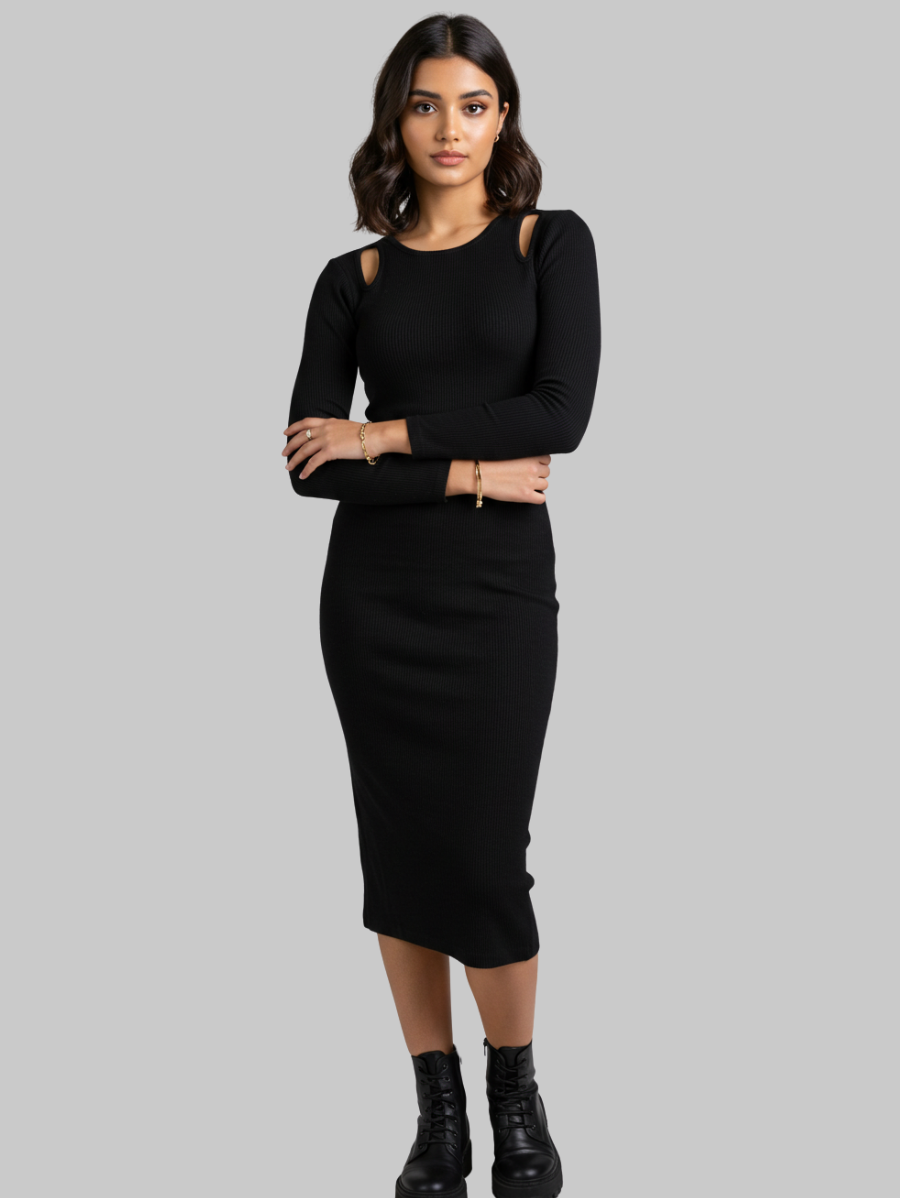 Teens16 Slim Fit Black Long Ribbed Dress