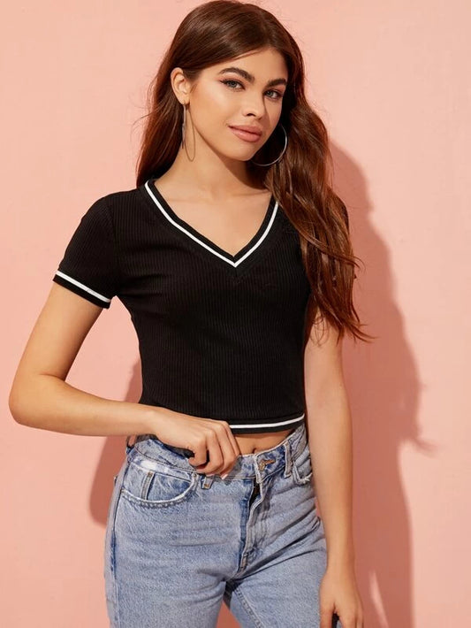 Teens16 Striped Tape Ribbed Crop Tee