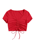 Teens16 Elegance Solid Drawstring Rushed Tee - RED"