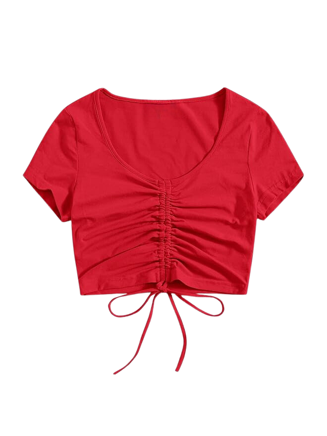 Teens16 Elegance Solid Drawstring Rushed Tee - RED"