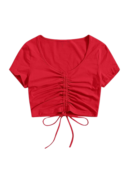 Teens16 Elegance Solid Drawstring Rushed Tee - RED"