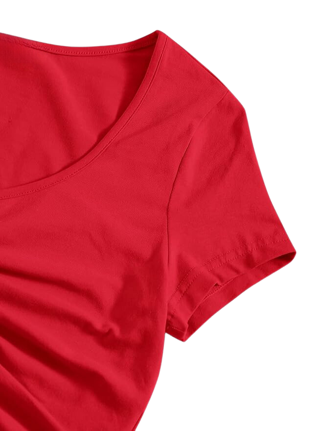 Teens16 Elegance Solid Drawstring Rushed Tee - RED"