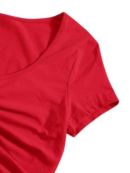 Teens16 Elegance Solid Drawstring Rushed Tee - RED"