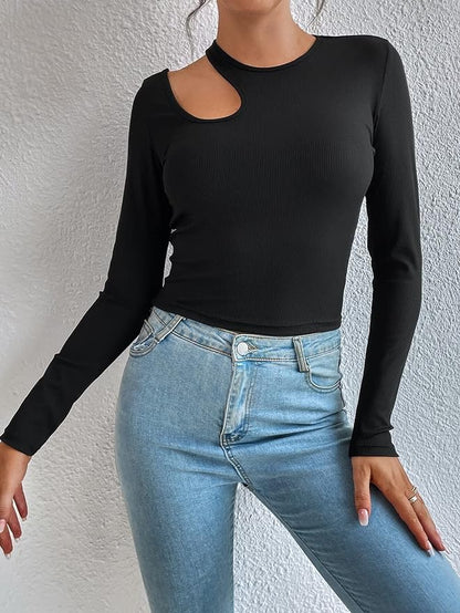 Teen Solid Rib Cut Out Neck Tee Top