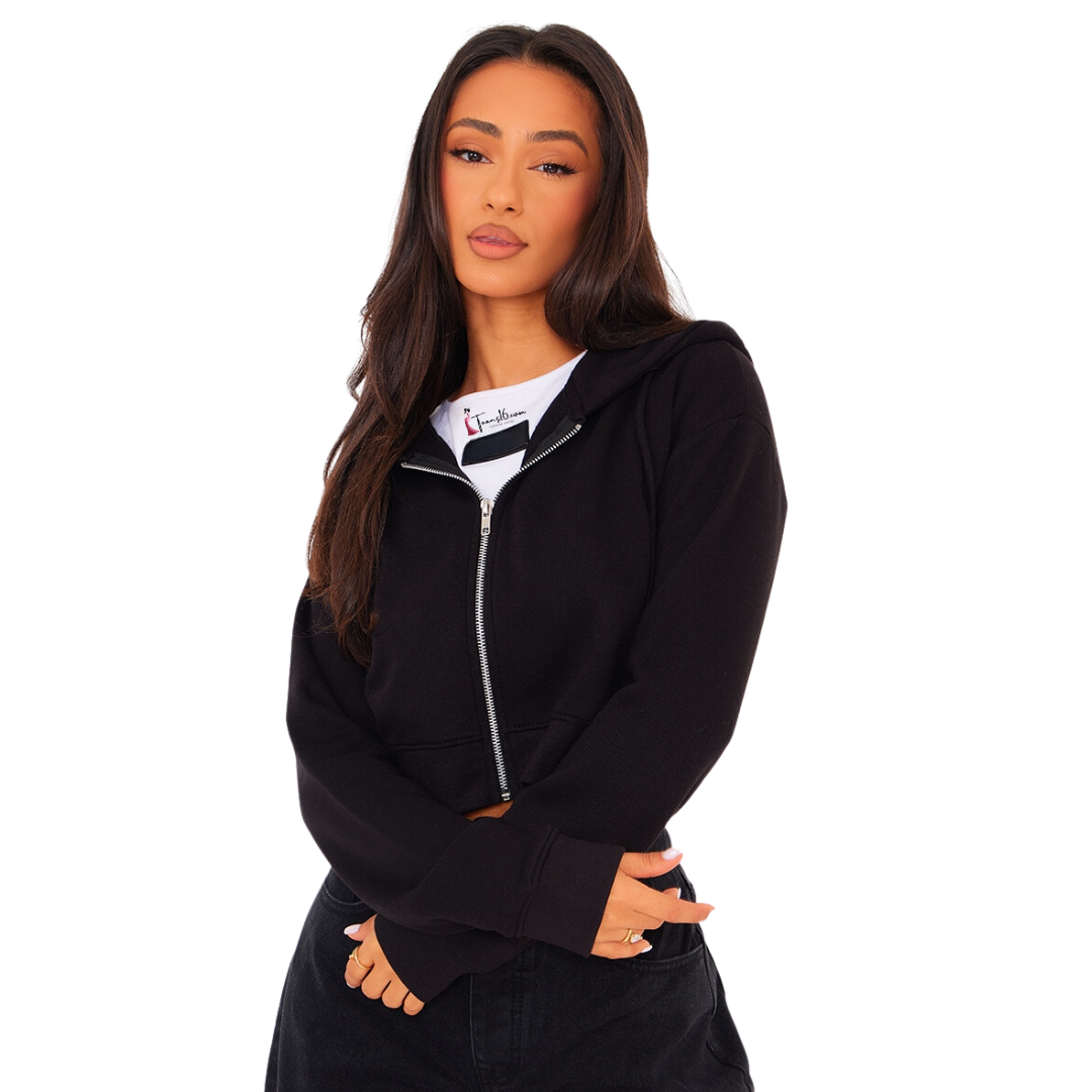 TEENS16 BLACK ZIP CROP HOODIE