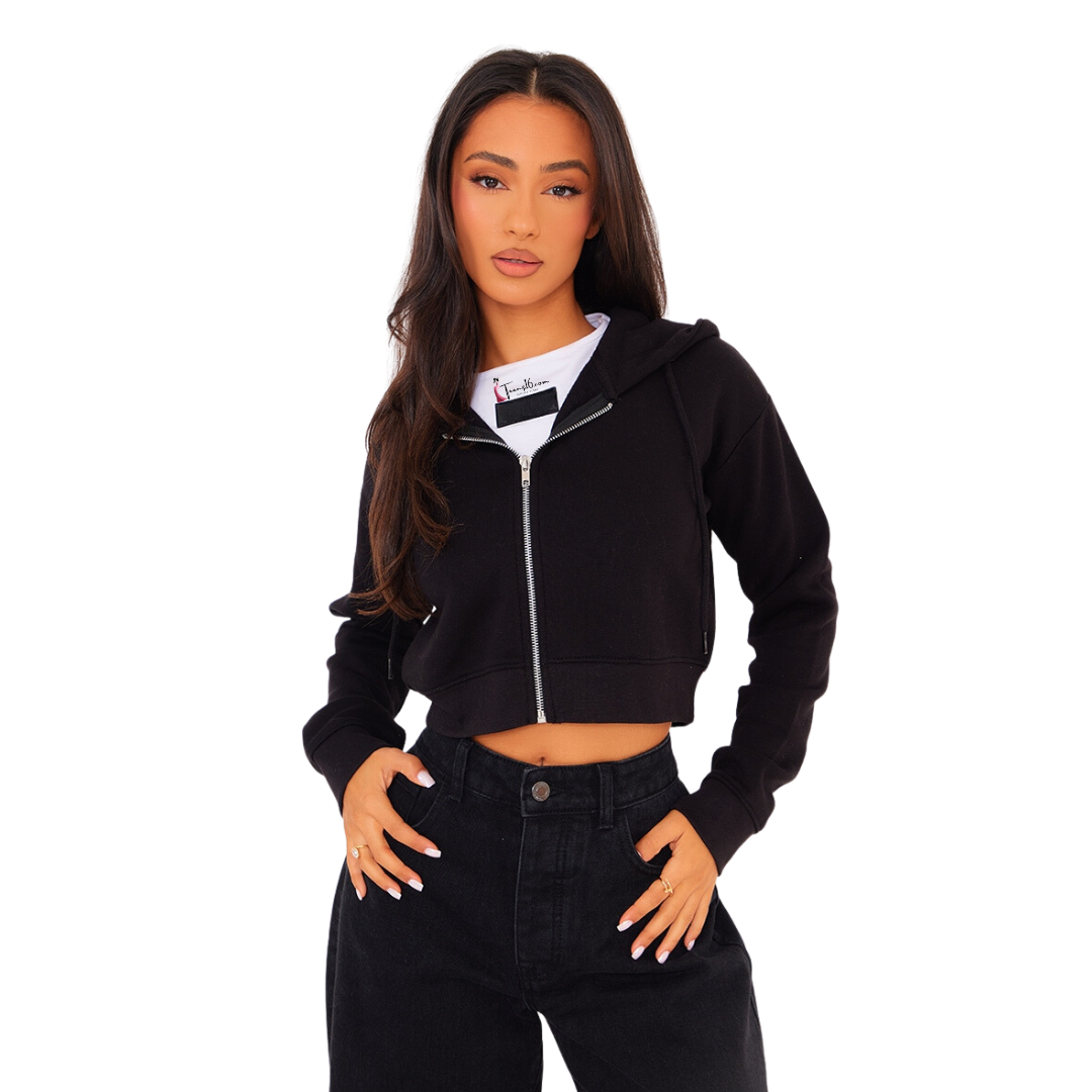 TEENS16 BLACK ZIP CROP HOODIE