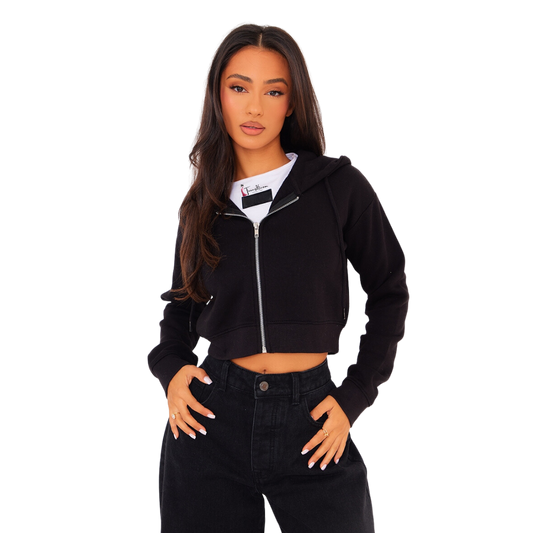TEENS16 BLACK ZIP CROP HOODIE
