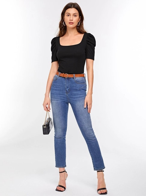 "Teens16 Noir Classic: Black Ribbed Sleeve Tee"