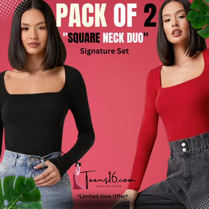 PACK OF 2 "Signature Set: Black & Red Square Neck"