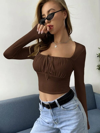 Teens16 'Cocoa Elegance' Tie Neck Ruched Bust Crop Top- Dark Brown