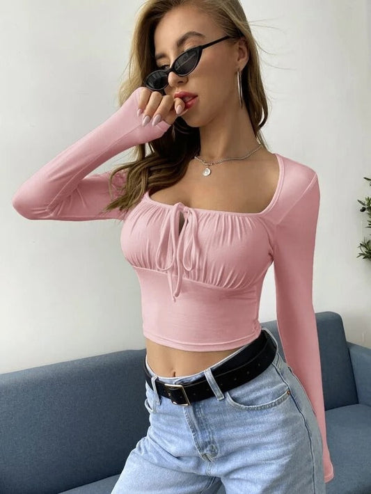 TEENS16 'NOIR CHIC' TIE NECK RUCHED BUST CROP TOP- BABY PINK