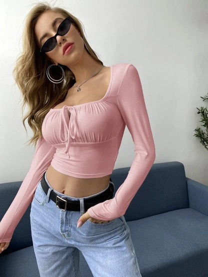 TEENS16 'NOIR CHIC' TIE NECK RUCHED BUST CROP TOP- BABY PINK